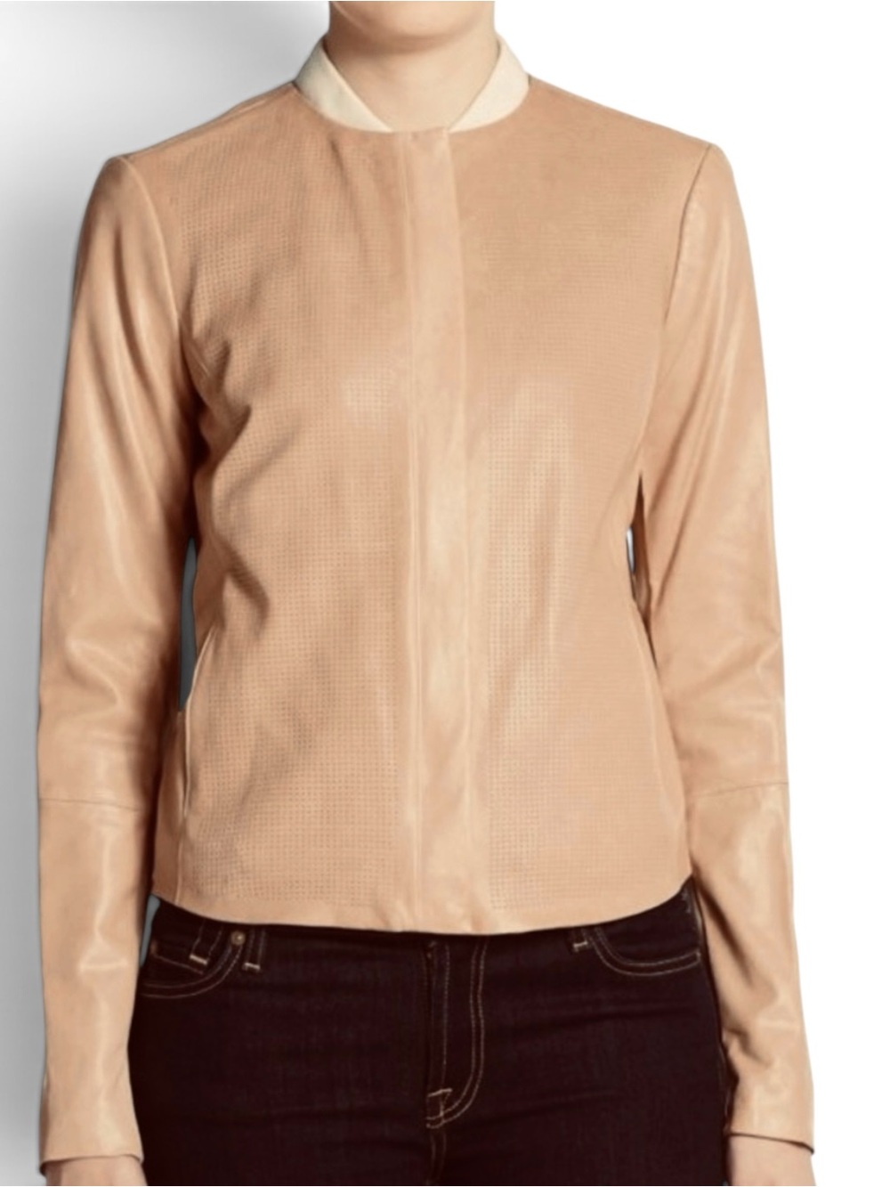 Vince Perforated Leather Zip Front Jacket Light Camel Quiet Luxury Like New S